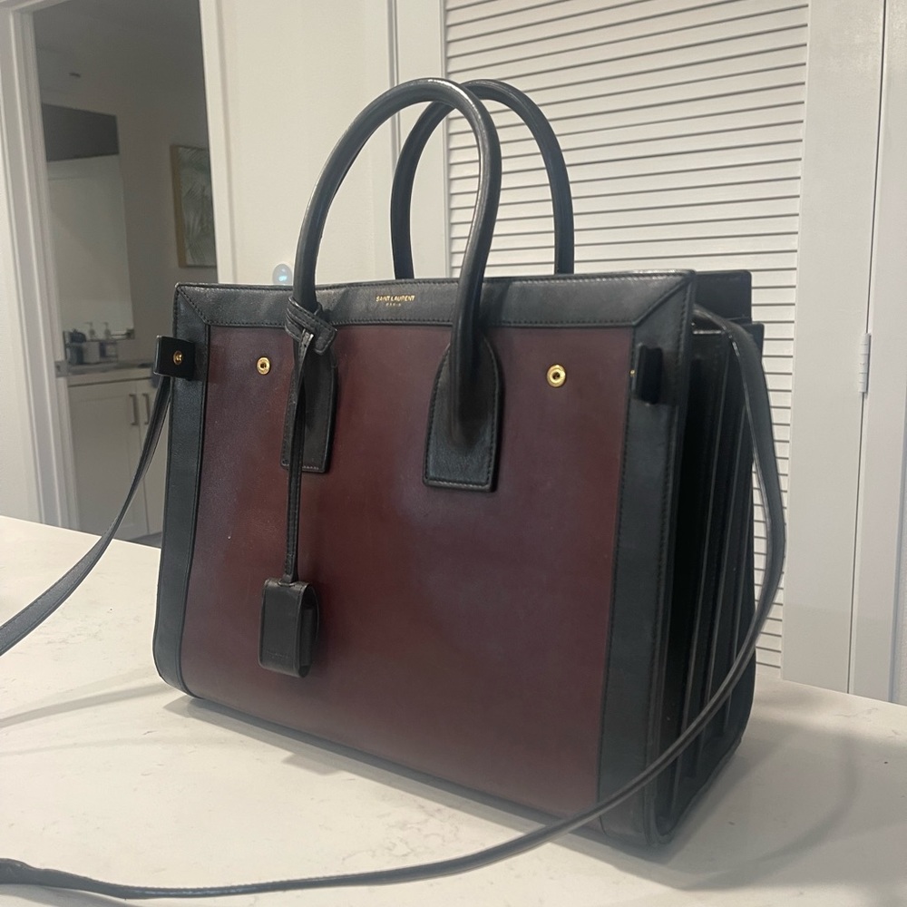 Saint Laurent Classic Sac Du Jour Small Burgundy and Black in smooth leather